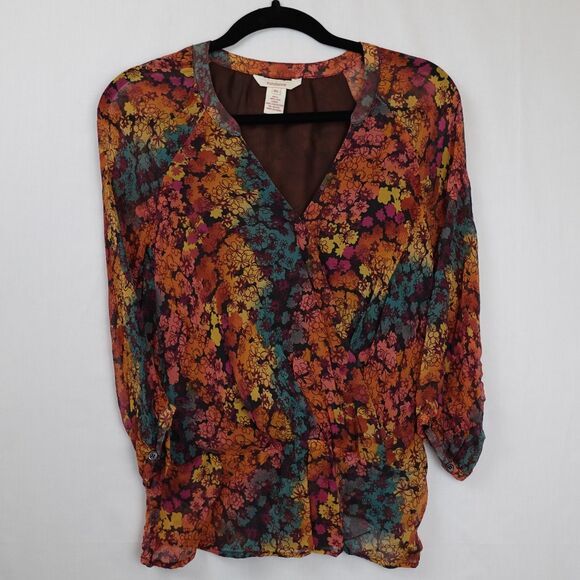 Sundance Blouse Women XS 100% Silk 3/4 Sleeve Lined Floral Boho Multi Color Fall - Picture 14 of 15